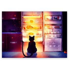 Поздравительная открытка с принтом Черный кот холодильник ночь в Кировске, 100% бумага | плотность бумаги 280 г/м2, матовая, на обратной стороне линовка и место для марки
 | Тематика изображения на принте: арт | вкусняшки | ночной дожор | ночь | преступление | рисунок | холодильник | черный кот