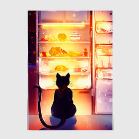 Постер с принтом Черный кот холодильник ночь в Кировске, 100% бумага
 | бумага, плотность 150 мг. Матовая, но за счет высокого коэффициента гладкости имеет небольшой блеск и дает на свету блики, но в отличии от глянцевой бумаги не покрыта лаком | арт | вкусняшки | ночной дожор | ночь | преступление | рисунок | холодильник | черный кот