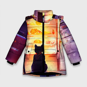 Зимняя куртка для девочек 3D с принтом Черный кот холодильник ночь в Кировске, ткань верха — 100% полиэстер; подклад — 100% полиэстер, утеплитель — 100% полиэстер. | длина ниже бедра, удлиненная спинка, воротник стойка и отстегивающийся капюшон. Есть боковые карманы с листочкой на кнопках, утяжки по низу изделия и внутренний карман на молнии. 

Предусмотрены светоотражающий принт на спинке, радужный светоотражающий элемент на пуллере молнии и на резинке для утяжки. | арт | вкусняшки | ночной дожор | ночь | преступление | рисунок | холодильник | черный кот