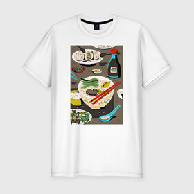 Мужская футболка премиум с принтом Азиатская еда в Кировске, 92% хлопок, 8% лайкра | приталенный силуэт, круглый вырез ворота, длина до линии бедра, короткий рукав | блюда | готовка | еда | кулинар | повар | шеф повар