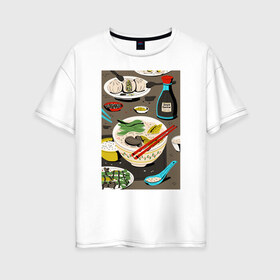 Женская футболка хлопок Oversize с принтом Азиатская еда в Кировске, 100% хлопок | свободный крой, круглый ворот, спущенный рукав, длина до линии бедер
 | блюда | готовка | еда | кулинар | повар | шеф повар