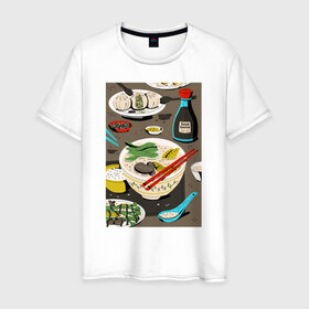 Мужская футболка хлопок с принтом Азиатская еда в Кировске, 100% хлопок | прямой крой, круглый вырез горловины, длина до линии бедер, слегка спущенное плечо. | блюда | готовка | еда | кулинар | повар | шеф повар
