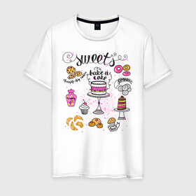 Мужская футболка хлопок с принтом sweets в Кировске, 100% хлопок | прямой крой, круглый вырез горловины, длина до линии бедер, слегка спущенное плечо. | блюда | готовка | еда | кондитер | кулинар | повар | шеф повар