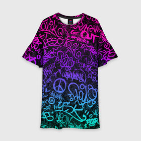 Детское платье 3D с принтом Граффити Neon в Кировске, 100% полиэстер | прямой силуэт, чуть расширенный к низу. Круглая горловина, на рукавах — воланы | blue | cyberpunk | drawing | graffiti | lettering | neon | paint | purple | text | брызги | граффити | киберпанк | краска | надписи | неон | рисунок | синий | текст | фиолетовый