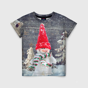 Детская футболка 3D с принтом Снеговик, Новогодняя в Кировске, 100% гипоаллергенный полиэфир | прямой крой, круглый вырез горловины, длина до линии бедер, чуть спущенное плечо, ткань немного тянется | ёлки | красный | новый год | снег | снеговик