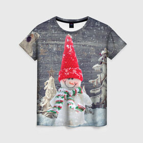 Женская футболка 3D с принтом Снеговик, Новогодняя в Кировске, 100% полиэфир ( синтетическое хлопкоподобное полотно) | прямой крой, круглый вырез горловины, длина до линии бедер | ёлки | красный | новый год | снег | снеговик