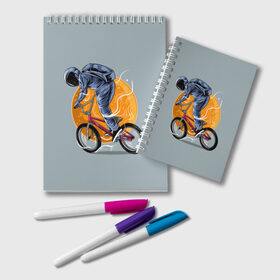Блокнот с принтом Космический велосипедист (Z) в Кировске, 100% бумага | 48 листов, плотность листов — 60 г/м2, плотность картонной обложки — 250 г/м2. Листы скреплены удобной пружинной спиралью. Цвет линий — светло-серый
 | Тематика изображения на принте: bicycle | bicyclist | bike | biker | bmx | cycle | galaxy | moon | rider | space | stars | байкер | бмх | вело | велогонщик | велосепедист | велосипед | велоспорт | гонщик | космос | луна