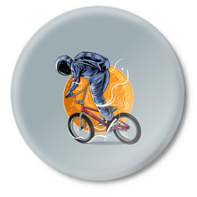Значок с принтом Космический велосипедист (Z) в Кировске,  металл | круглая форма, металлическая застежка в виде булавки | bicycle | bicyclist | bike | biker | bmx | cycle | galaxy | moon | rider | space | stars | байкер | бмх | вело | велогонщик | велосепедист | велосипед | велоспорт | гонщик | космос | луна
