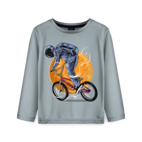 Детский лонгслив 3D с принтом Космический велосипедист (Z) в Кировске, 100% полиэстер | длинные рукава, круглый вырез горловины, полуприлегающий силуэт
 | Тематика изображения на принте: bicycle | bicyclist | bike | biker | bmx | cycle | galaxy | moon | rider | space | stars | байкер | бмх | вело | велогонщик | велосепедист | велосипед | велоспорт | гонщик | космос | луна