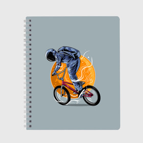 Тетрадь с принтом Космический велосипедист (Z) в Кировске, 100% бумага | 48 листов, плотность листов — 60 г/м2, плотность картонной обложки — 250 г/м2. Листы скреплены сбоку удобной пружинной спиралью. Уголки страниц и обложки скругленные. Цвет линий — светло-серый
 | bicycle | bicyclist | bike | biker | bmx | cycle | galaxy | moon | rider | space | stars | байкер | бмх | вело | велогонщик | велосепедист | велосипед | велоспорт | гонщик | космос | луна