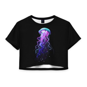 Женская футболка Crop-top 3D с принтом Jellyfish в Кировске, 100% полиэстер | круглая горловина, длина футболки до линии талии, рукава с отворотами | art | black. neon | jellyfish | медуза