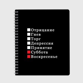 Тетрадь с принтом Коротко о моей жизни в Кировске, 100% бумага | 48 листов, плотность листов — 60 г/м2, плотность картонной обложки — 250 г/м2. Листы скреплены сбоку удобной пружинной спиралью. Уголки страниц и обложки скругленные. Цвет линий — светло-серый
 | Тематика изображения на принте: бег по кругу | воскресенье | выходные | гнев | график работы | депрессия | дни недели | неделя | о жизни | отрицание | отрицание гнев торг | принятие | психология | работа | рабочая неделя