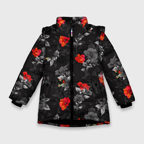 Зимняя куртка для девочек 3D с принтом Красные цветы в Кировске, ткань верха — 100% полиэстер; подклад — 100% полиэстер, утеплитель — 100% полиэстер. | длина ниже бедра, удлиненная спинка, воротник стойка и отстегивающийся капюшон. Есть боковые карманы с листочкой на кнопках, утяжки по низу изделия и внутренний карман на молнии. 

Предусмотрены светоотражающий принт на спинке, радужный светоотражающий элемент на пуллере молнии и на резинке для утяжки. | Тематика изображения на принте: весна | дача | летние цветы | летняя | лето | паттерн | розы | сад | свежесть | текстуры | узор | цветы