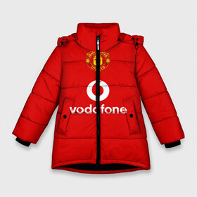 Зимняя куртка для девочек 3D с принтом Манчестер Юнайтед (Scholes) в Кировске, ткань верха — 100% полиэстер; подклад — 100% полиэстер, утеплитель — 100% полиэстер. | длина ниже бедра, удлиненная спинка, воротник стойка и отстегивающийся капюшон. Есть боковые карманы с листочкой на кнопках, утяжки по низу изделия и внутренний карман на молнии. 

Предусмотрены светоотражающий принт на спинке, радужный светоотражающий элемент на пуллере молнии и на резинке для утяжки. | Тематика изображения на принте: manchester united | mu | scholes | vodafone | красные дьяволы | легенда манчестера | манки | манчестер юнайтед | пауль скоулз | ретро форма манчестер юнайтед | старая форма
