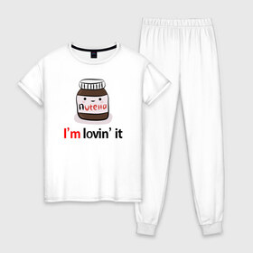 Женская пижама хлопок с принтом Nutella в Кировске, 100% хлопок | брюки и футболка прямого кроя, без карманов, на брюках мягкая резинка на поясе и по низу штанин | nutella | вкусно | вкусняшка | любовь | нутелла | нутэлла | сладкое