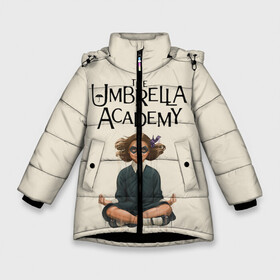 Зимняя куртка для девочек 3D с принтом The umbrella academy в Кировске, ткань верха — 100% полиэстер; подклад — 100% полиэстер, утеплитель — 100% полиэстер. | длина ниже бедра, удлиненная спинка, воротник стойка и отстегивающийся капюшон. Есть боковые карманы с листочкой на кнопках, утяжки по низу изделия и внутренний карман на молнии. 

Предусмотрены светоотражающий принт на спинке, радужный светоотражающий элемент на пуллере молнии и на резинке для утяжки. | dark horse comics | netflix | the umbrella academy | umbrella | академия амбрелла | белая скрипка | бен харгривз | комикс | комильфо | космобой | кракен | реджинальд харгривз | сеанс | слух