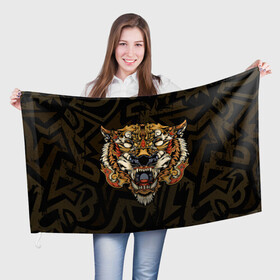 Флаг 3D с принтом Тигровый стимпанк (Tiger) в Кировске, 100% полиэстер | плотность ткани — 95 г/м2, размер — 67 х 109 см. Принт наносится с одной стороны | барс | волк | детёныш | джунгли | енот | животное | злость | зубр | клыки | кот | лев | леопард | лес | листья | львица | медведь | монстр | оскал | охотник | пасть | полосы | пятнистая | рык | рычание | тигр