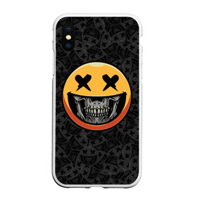 Чехол для iPhone XS Max матовый с принтом Смайлик на черепе (Emoji) в Кировске, Силикон | Область печати: задняя сторона чехла, без боковых панелей | Тематика изображения на принте: аська | весёлый | гамлет | голова | графика | жёлтый | иконка | колобок | кости | кость | круг | мозг | настроение | печаль | печалька | пираты | радость | родже | рожица | скелет | скобка | смайл | смех