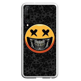 Чехол для Honor P30 с принтом Смайлик на черепе (Emoji) в Кировске, Силикон | Область печати: задняя сторона чехла, без боковых панелей | Тематика изображения на принте: аська | весёлый | гамлет | голова | графика | жёлтый | иконка | колобок | кости | кость | круг | мозг | настроение | печаль | печалька | пираты | радость | родже | рожица | скелет | скобка | смайл | смех