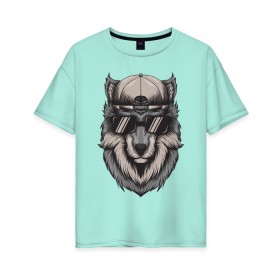 Женская футболка хлопок Oversize с принтом Волк в очках в Кировске, 100% хлопок | свободный крой, круглый ворот, спущенный рукав, длина до линии бедер
 | wolf | волк | волк в кепке | волк в кепке и очках | волк в очках | голова волка | крутой волк