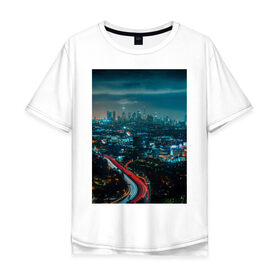Мужская футболка хлопок Oversize с принтом Ночной мегаполис в Кировске, 100% хлопок | свободный крой, круглый ворот, “спинка” длиннее передней части | Тематика изображения на принте: город | небо. мегаполис | неон | ночь | огни