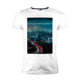 Мужская футболка хлопок Slim с принтом Ночной мегаполис в Кировске, 92% хлопок, 8% лайкра | приталенный силуэт, круглый вырез ворота, длина до линии бедра, короткий рукав | город | небо. мегаполис | неон | ночь | огни