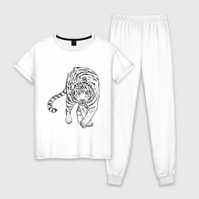 Женская пижама хлопок с принтом Тигр в Кировске, 100% хлопок | брюки и футболка прямого кроя, без карманов, на брюках мягкая резинка на поясе и по низу штанин | белый тигр | бенгальский тигр | большие кошки | дикие кошки | крупные кошки | тигр
