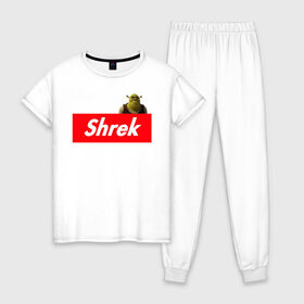 Женская пижама хлопок с принтом Shrek в Кировске, 100% хлопок | брюки и футболка прямого кроя, без карманов, на брюках мягкая резинка на поясе и по низу штанин | shrek | shrek is life | мемы | огр кек | суприм | суприм лого | шрек