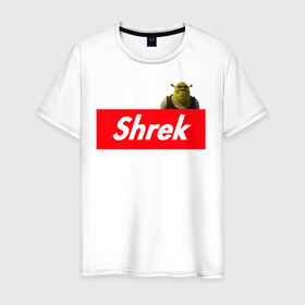 Мужская футболка хлопок с принтом Shrek в Кировске, 100% хлопок | прямой крой, круглый вырез горловины, длина до линии бедер, слегка спущенное плечо. | shrek | shrek is life | мемы | огр кек | суприм | суприм лого | шрек