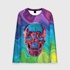 Мужской лонгслив 3D с принтом Color skull в Кировске, 100% полиэстер | длинные рукава, круглый вырез горловины, полуприлегающий силуэт | Тематика изображения на принте: color | jaw | neon | skull | teeth | vanguard | авангард | зубы | неон | пасть | цвет | череп