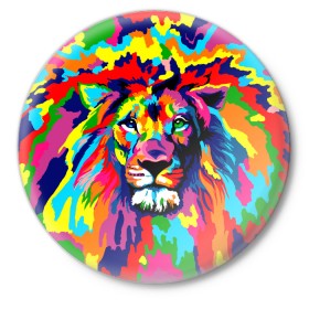 Значок с принтом Лев Artistic Art в Кировске,  металл | круглая форма, металлическая застежка в виде булавки | king | lion | neon | африка | голова | граффити | грива | дикий | животные | зверь | зодиак | картина | король | краски | красочный | лев | львенок | львиное | львица | неон | неоновые | радуга | радужный | рисунок