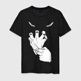 Мужская футболка хлопок с принтом Halloween в Кировске, 100% хлопок | прямой крой, круглый вырез горловины, длина до линии бедер, слегка спущенное плечо. | eyes | ghost | gloves | halloween | глаза | перчатки | привидение | призрак | хэллоуин