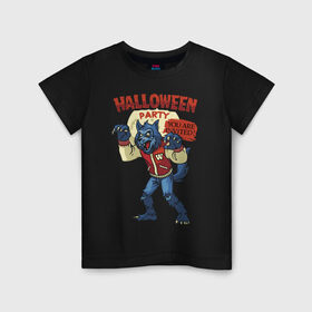 Детская футболка хлопок с принтом Halloween party в Кировске, 100% хлопок | круглый вырез горловины, полуприлегающий силуэт, длина до линии бедер | claws | ears | fangs | grin | halloween | jaw | paws | tail | wolf | волк | клыки | когти | лапы | уши | хвост | хэллоуин