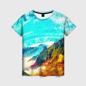 Женская футболка 3D с принтом Японские горы в Кировске, 100% полиэфир ( синтетическое хлопкоподобное полотно) | прямой крой, круглый вырез горловины, длина до линии бедер | art | japan | summer | азия | акварель | восток | восход | горы | деревья | искусство | картина | краски | красочный | лес | летние | лето | мазки | небесный | облака | пейзаж | природа | разноцветные | рассвет