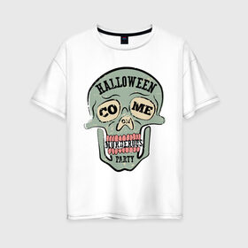 Женская футболка хлопок Oversize с принтом Retro в Кировске, 100% хлопок | свободный крой, круглый ворот, спущенный рукав, длина до линии бедер
 | grin | halloween | jaw | party | retro | skull | teeth | вечеринка | зубы | оскал | пасть | ретро | хэллоуин | череп