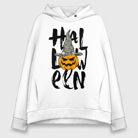 Женское худи Oversize хлопок с принтом Halloween в Кировске, френч-терри — 70% хлопок, 30% полиэстер. Мягкий теплый начес внутри —100% хлопок | боковые карманы, эластичные манжеты и нижняя кромка, капюшон на магнитной кнопке | eyes | halloween | hat | jaw | pumpkin | smile | глаза | пасть | тыква | улыбка | хэллоуин | шляпа