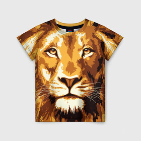 Детская футболка 3D с принтом Взгляд льва в Кировске, 100% гипоаллергенный полиэфир | прямой крой, круглый вырез горловины, длина до линии бедер, чуть спущенное плечо, ткань немного тянется | арт | грива | деко | жедтая | животные | закат | зверей | золото | кошка | лев | лето | львенок | неоновая | очки | пляж | прайд | разноцветная | солнце | тигр | узоры | царь | яркие