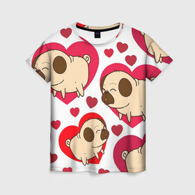 Женская футболка 3D с принтом Мопсики в Кировске, 100% полиэфир ( синтетическое хлопкоподобное полотно) | прямой крой, круглый вырез горловины, длина до линии бедер | арт | любовь | мопс | мопсики | рисунок | сердца | сердце | собака | собаки | собачки