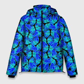Мужская зимняя куртка 3D с принтом Голубые бабочки в Кировске, верх — 100% полиэстер; подкладка — 100% полиэстер; утеплитель — 100% полиэстер | длина ниже бедра, свободный силуэт Оверсайз. Есть воротник-стойка, отстегивающийся капюшон и ветрозащитная планка. 

Боковые карманы с листочкой на кнопках и внутренний карман на молнии. | Тематика изображения на принте: angel | butterfly | pattern | summer | wings | ангел | бабочка | бабочки | животные | крылышки | крылья | летающие | летние | магия | махаон | мотылек | насекомые | небесные | неон | неоновые | паттерн | природа