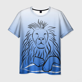 Мужская футболка 3D с принтом MY KINGDOM в Кировске, 100% полиэфир | прямой крой, круглый вырез горловины, длина до линии бедер | lion | градиент | контурный рисунок | лев | лев по гороскопу | на синем фоне | подарить льву