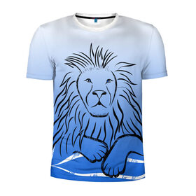Мужская футболка 3D спортивная с принтом MY KINGDOM в Кировске, 100% полиэстер с улучшенными характеристиками | приталенный силуэт, круглая горловина, широкие плечи, сужается к линии бедра | lion | градиент | контурный рисунок | лев | лев по гороскопу | на синем фоне | подарить льву