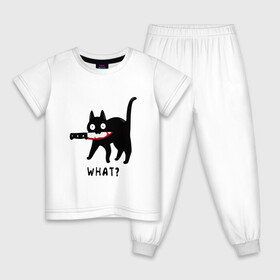 Детская пижама хлопок с принтом WHAT & CAT в Кировске, 100% хлопок |  брюки и футболка прямого кроя, без карманов, на брюках мягкая резинка на поясе и по низу штанин
 | Тематика изображения на принте: art | black | black cat | cat | dark | dark cat | what | what cat | what mem | арт | вопрос | интернет мем | кот | кот арт | кот мем | кошачье лицо | кошачья мордочка | мем | нож | прикол | прикольный кот | убица | чёрный | чёрный кот