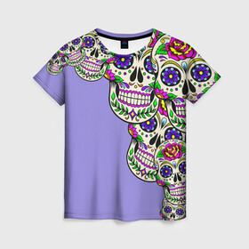 Женская футболка 3D с принтом Calavera 2 в Кировске, 100% полиэфир ( синтетическое хлопкоподобное полотно) | прямой крой, круглый вырез горловины, длина до линии бедер | Тематика изображения на принте: color | краски | мексиканский | череп