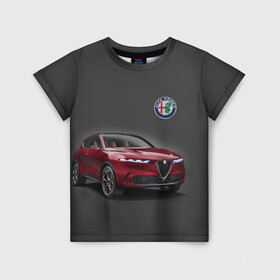 Детская футболка 3D с принтом Alfa Romeo в Кировске, 100% гипоаллергенный полиэфир | прямой крой, круглый вырез горловины, длина до линии бедер, чуть спущенное плечо, ткань немного тянется | alfa romeo | car | italy | prestige | автомобиль | альфа ромео | италия | престиж