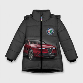 Зимняя куртка для девочек 3D с принтом Alfa Romeo в Кировске, ткань верха — 100% полиэстер; подклад — 100% полиэстер, утеплитель — 100% полиэстер. | длина ниже бедра, удлиненная спинка, воротник стойка и отстегивающийся капюшон. Есть боковые карманы с листочкой на кнопках, утяжки по низу изделия и внутренний карман на молнии. 

Предусмотрены светоотражающий принт на спинке, радужный светоотражающий элемент на пуллере молнии и на резинке для утяжки. | alfa romeo | car | italy | prestige | автомобиль | альфа ромео | италия | престиж