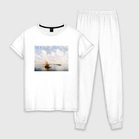 Женская пижама хлопок с принтом картина Айвазовского в Кировске, 100% хлопок | брюки и футболка прямого кроя, без карманов, на брюках мягкая резинка на поясе и по низу штанин | айвазовский | корабль | море | облака | рисунок