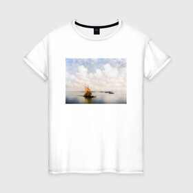 Женская футболка хлопок с принтом картина Айвазовского в Кировске, 100% хлопок | прямой крой, круглый вырез горловины, длина до линии бедер, слегка спущенное плечо | айвазовский | корабль | море | облака | рисунок