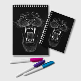 Блокнот с принтом Черная пантера в Кировске, 100% бумага | 48 листов, плотность листов — 60 г/м2, плотность картонной обложки — 250 г/м2. Листы скреплены удобной пружинной спиралью. Цвет линий — светло-серый
 | Тематика изображения на принте: big | black | cat | danger | jungle | king | leopard | panter | panther | picture | большая | большой | джунглей | джунгли | зубы | король | кот | кошка | леопард | мелками | опасная | опасный | охотник | пантера | пасть | рисунок | хищник | 