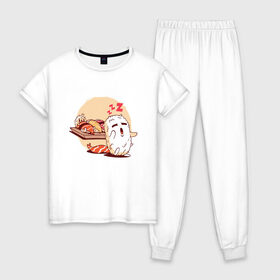 Женская пижама хлопок с принтом Суши Лунатик в Кировске, 100% хлопок | брюки и футболка прямого кроя, без карманов, на брюках мягкая резинка на поясе и по низу штанин | cute | dream | i love | roll | rolls | sleeping | sleepwalker | sushi | вкусные | во сне | лунатизм | лунатик | люблю | милые | нямка | одеялко | одеяло | прикольные | проснулся | рис | ролл | роллы | с рисом | с семгой | семга | спит