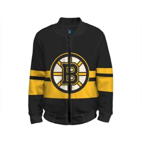 Детский бомбер 3D с принтом BOSTON BRUINS NHL в Кировске, 100% полиэстер | застегивается на молнию, по бокам два кармана без застежек, мягкие манжеты, по низу бомбера и на воротнике — эластичная резинка | black | boston | bruins | hockey | ice | logo | nhl | sport | usa | бостон | брюинз | логотип | нхл | спорт | хоккей